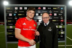 Jack O’Donoghue is presented with the Man Of The Match award.