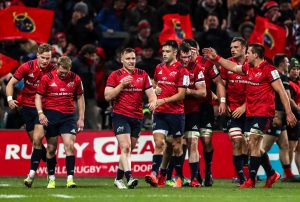 Munster players celebrate Peter O'Mahony's try.