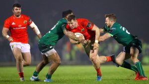Bundee Aki tackles Chris Farrell.