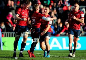 Craig Casey celebrates scoring their fourth try with Dan Goggin.