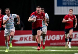 Andrew Conway scores an intercept try away to Racing 92.