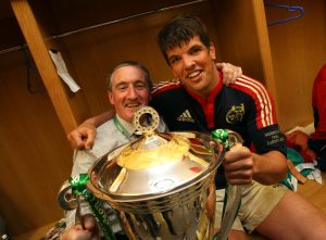 Donncha celebrates the 2008 European Cup win with the The late Pat Geraghty.