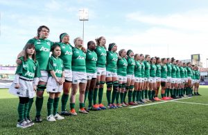 The Ireland Women's team line up for the national anthem.