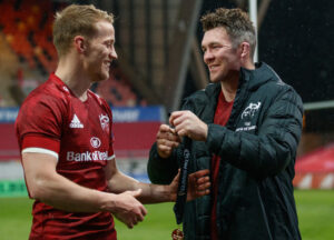 Mike Haley is presented with the Player of the Match award by Peter O’Mahony.