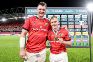 Craig Casey is presented with the Man of the Match award after the Sharks win by Peter O’Mahony.