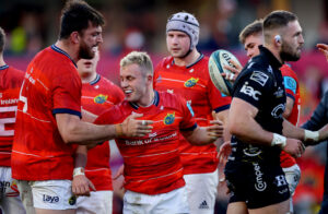 Craig Casey celebrates scoring his sides second try with Jean Kleyn.