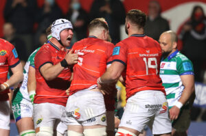 Fineen Wycherley celebrates Jack O’Sullivan's try.