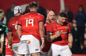 Jack O'Donoghue celebrates Jack O’Sullivan's try.