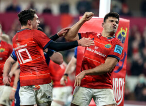 Damian de Allende celebrates after scoring.