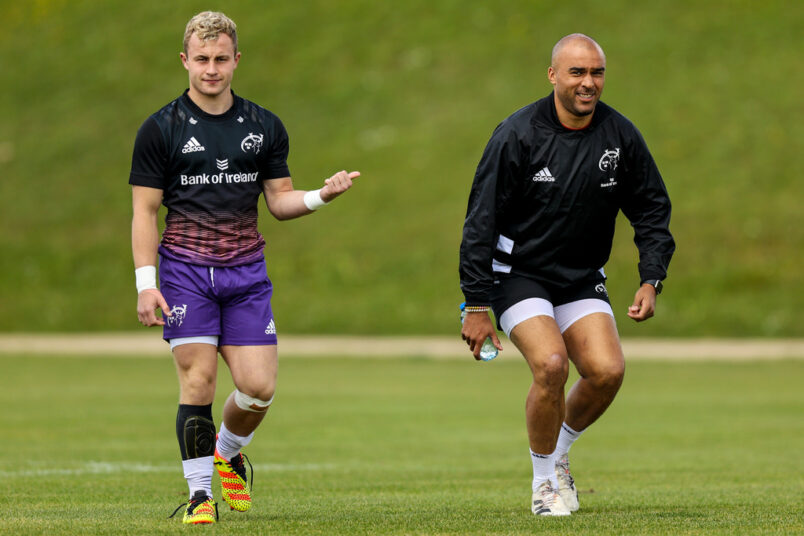 Craig Casey and Simon Zebo share a joke on arrival at training.