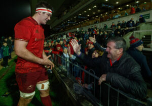 Jerry Holland congratulates his son Billy after his 200th Munster appearance.
