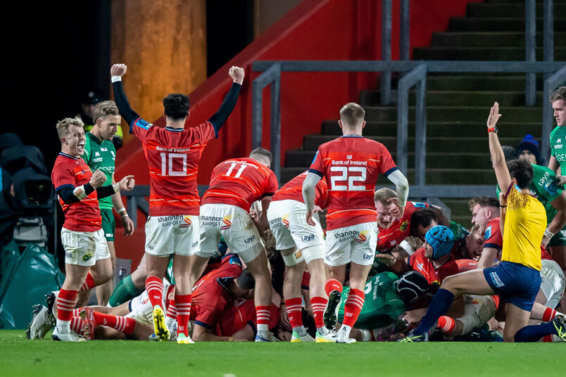 Craig Casey and Joey Carbery celebrate one of Munster