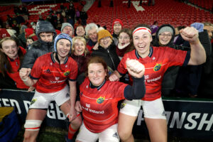 Clodagh O’Halloran, Fiona Reidy and Chloe Pearse celebrate after the win over Ulster.