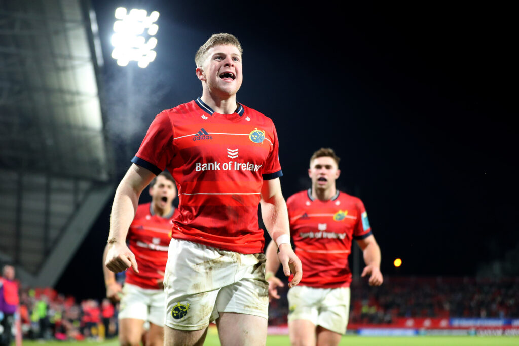 Patrick Campbell celebrates scoring against Leinster at Thomond Park. 