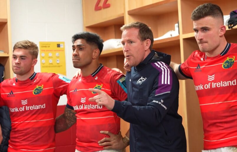 Munster Attack Coach Mike Prendergast speaking in the dressing room after the defeat to Glasgow.