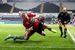 Keith Earls dives over to score against Ospreys in the Champions Cup.
