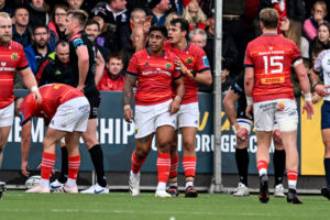 Malakai Fekitoa celebrates with Antoine Frisch.