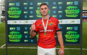 Jack Crowley is awarded the BKT URC Player of the Match award.