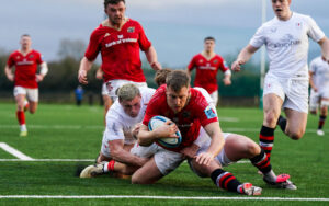 Liam Coombes scores for Munster A earlier this season with Jack Daly in support.