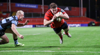 Ruadhan Quinn scores a try against Cardiff earlier this month.