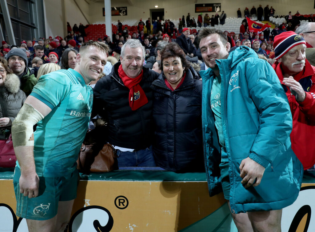 Rory Scannell and Niall Scannell with their parents Bill and Emer after the win away to Gloucester in 2019. 