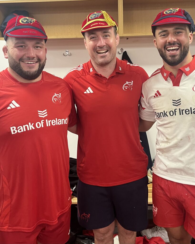 Niall Scannell after his 200th appearance with first-cap Conor Bartley and Dan Kelly. 