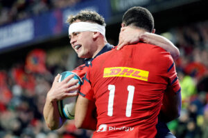 Tony Butler celebrates scoring against Argentina XV at Thomond Park.