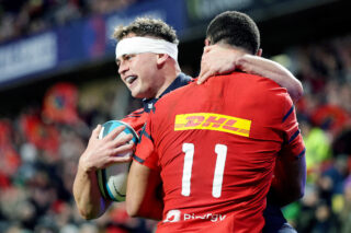 Tony Butler celebrates scoring against Argentina XV at Thomond Park.