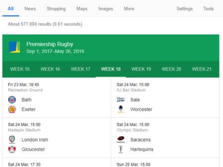 Premiership Rugby fixtures displayed on Google Premiership Rugby fixtures displayed on Google